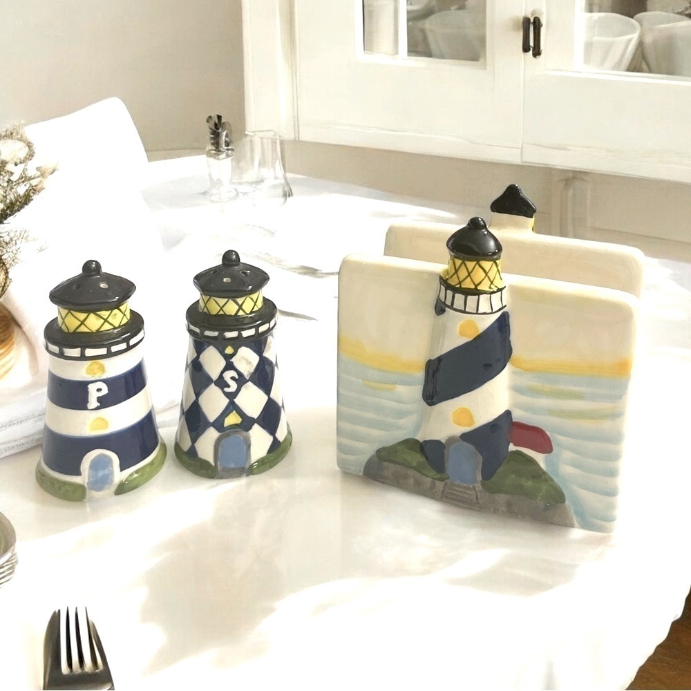 Lighthouse Salt & Pepper Shakers and Lighthouse Napkin Holder Set Ceramic